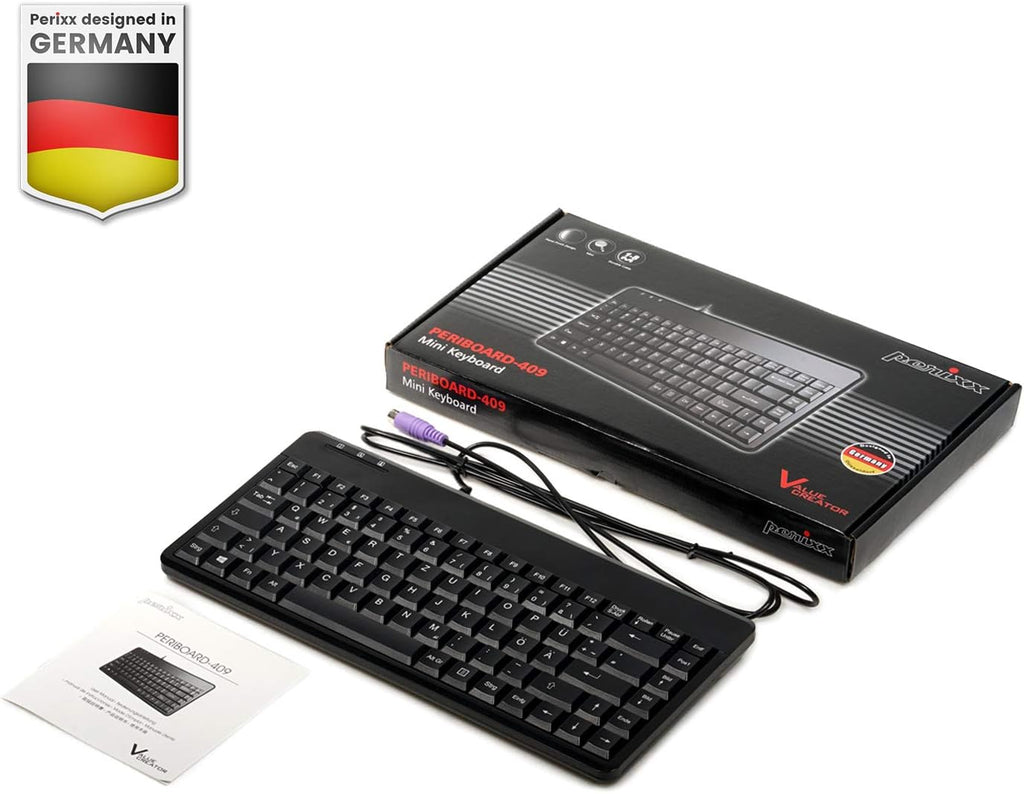 PERIBOARD-409P Wired Mini Keyboard, Compact PS/2 Interface, UK Layout, Black
