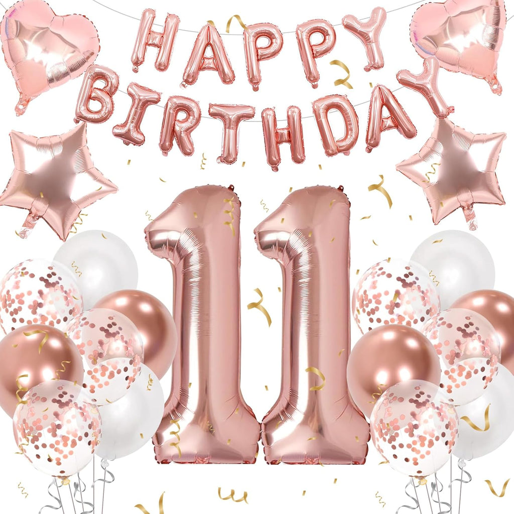11Th Birthday Decorations for Girls, Rose Gold 11Th Birthday Decorations, Rose Gold 32 Inch Number 11 Foil Balloon with Banner, Star Confetti Balloon for 11 Party Deko