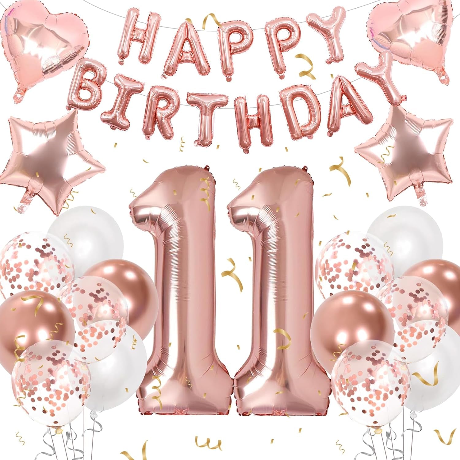 11Th Birthday Decorations for Girls, Rose Gold 11Th Birthday Decorations, Rose Gold 32 Inch Number 11 Foil Balloon with Banner, Star Confetti Balloon for 11 Party Deko