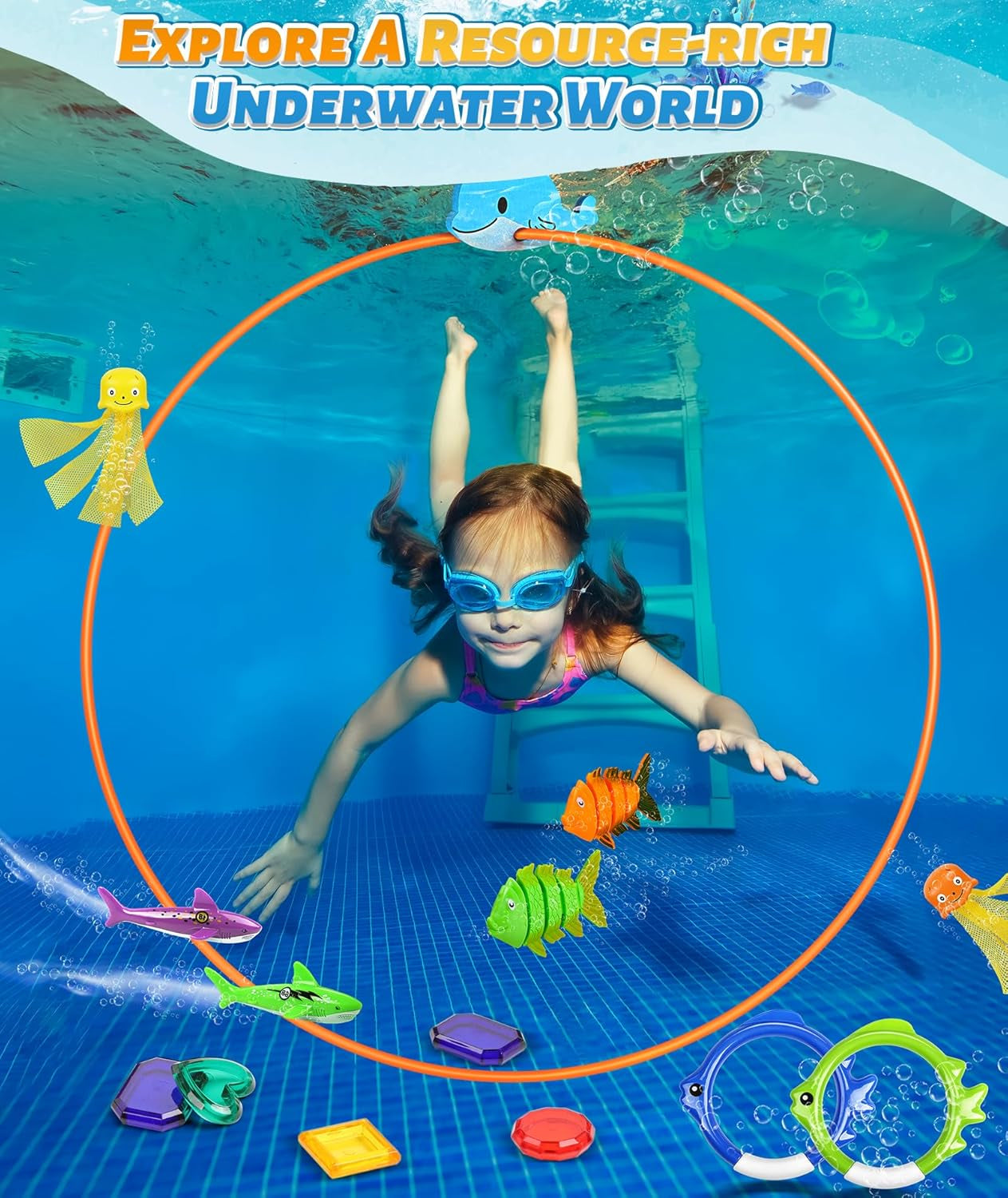 Diving Pool Swim Toys for Kids, Diving Swim Thru Rings for Toddlers Adults Pool Swim Games, Beach Pool Ball Diving Gems Octopus Pool Torpedo Shark Fish, Diving Hoops Toys Bulk Set with Mesh Bag