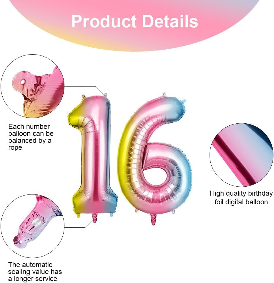Helium Balloons, 40 Inches Number Balloons 16, Foil Balloons Birthday Balloon Large Numbers Balloons for Birthday Wedding Party Decorations Celebration Supplies (Gradient)