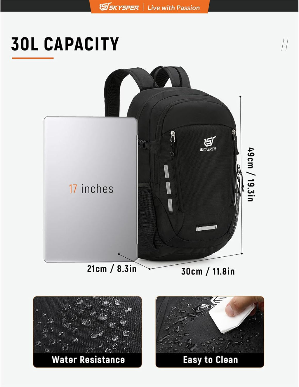 Hiking Backpack 30L Lightweight Travel Backpack Hiking Day Pack for Men Women(Black)