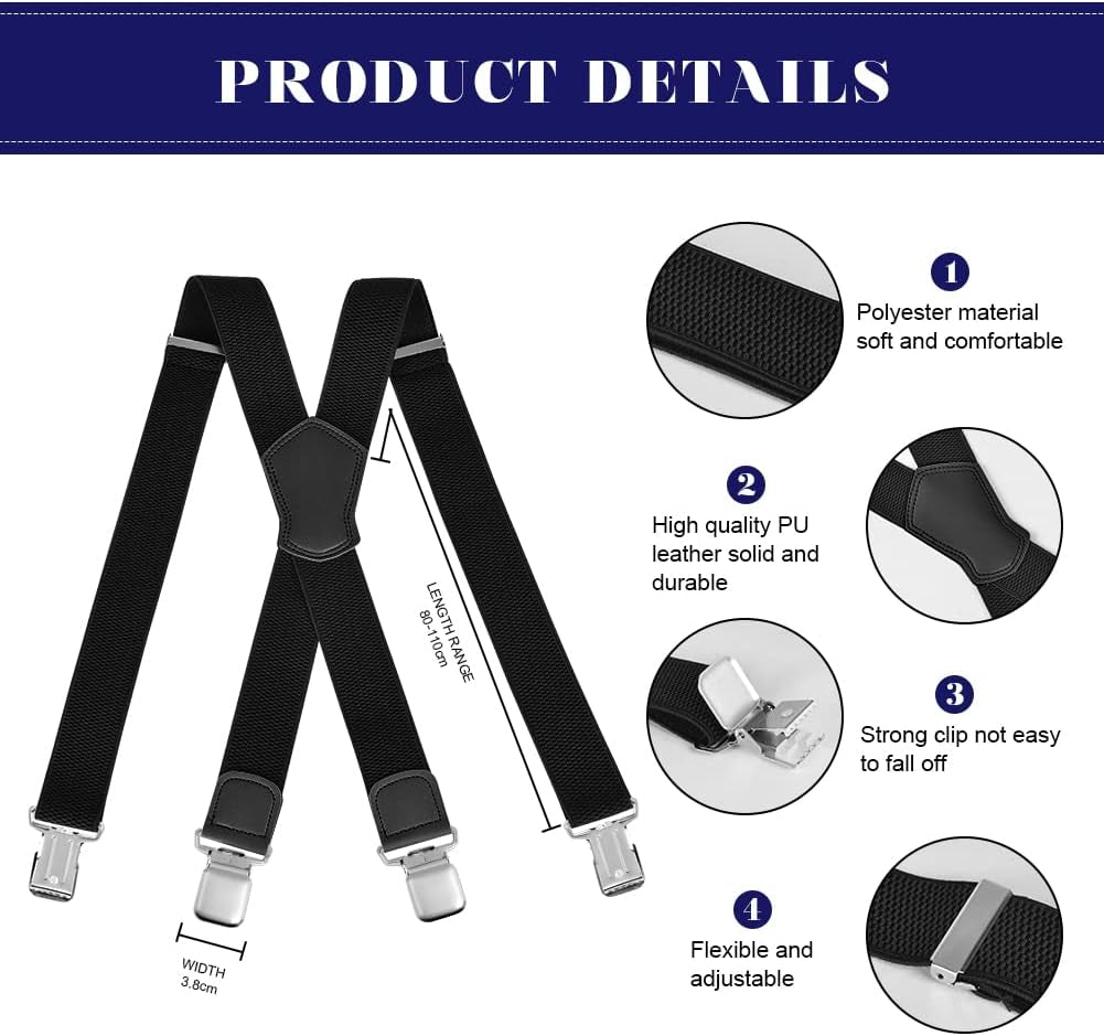 ACWOO Mens Braces with 4 Strong Metal Clips, Heavy Duty Suspenders, One Size Fits All Men and Women