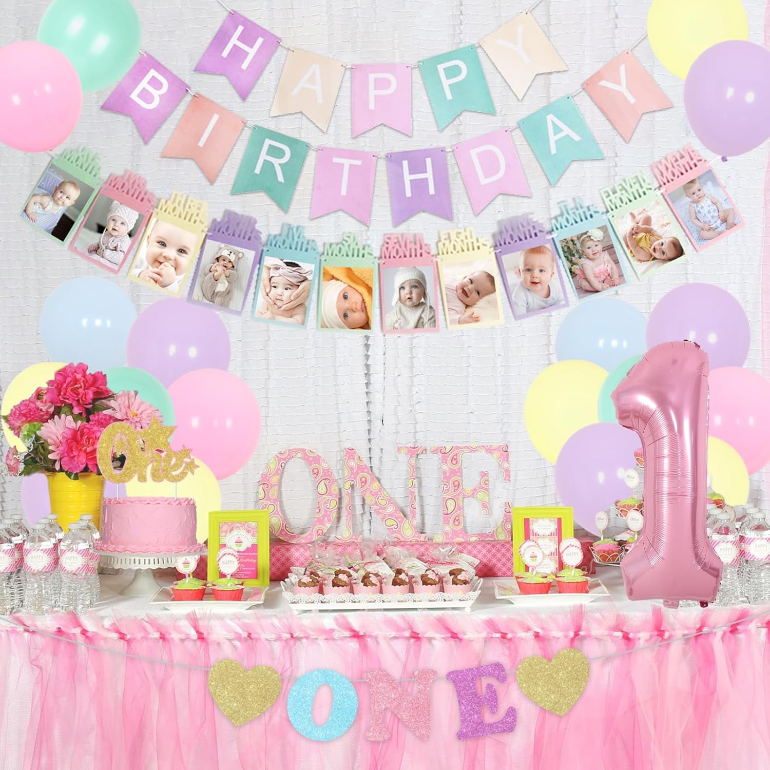 1St Birthday Decorations for Girls Pastel, Macaron Party Decorations Happy Birthday Banner High Chair and Photo Banner 1 Foil Balloon Cake Topper for First Rainbow Bday Party Supplies