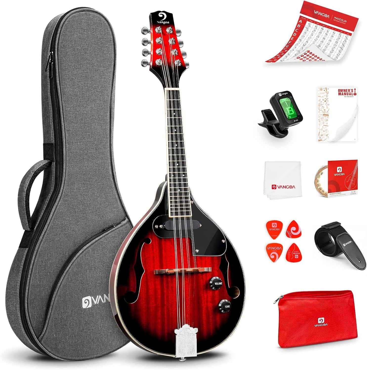 a Style Mandolin Acoustic Electric Mandolins Instrument for Beginner Red Sunburst Mahogany with Gig Bag Picks Strings Tuner Strap
