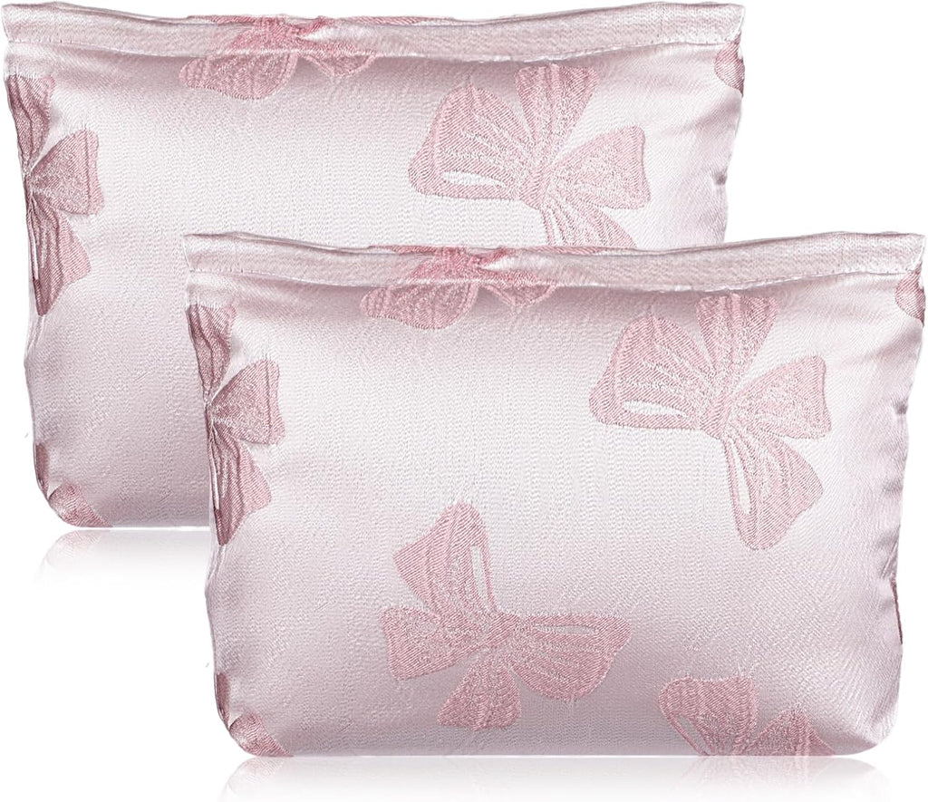 2Pcs Cute Bow Makeup Bag Large Capacity Pink Cosmetic Bag Aesthetic Design Canvas Organizer Portable Zipper Pouch Toiletry Bag for Women Girls Travel Storage Accessories