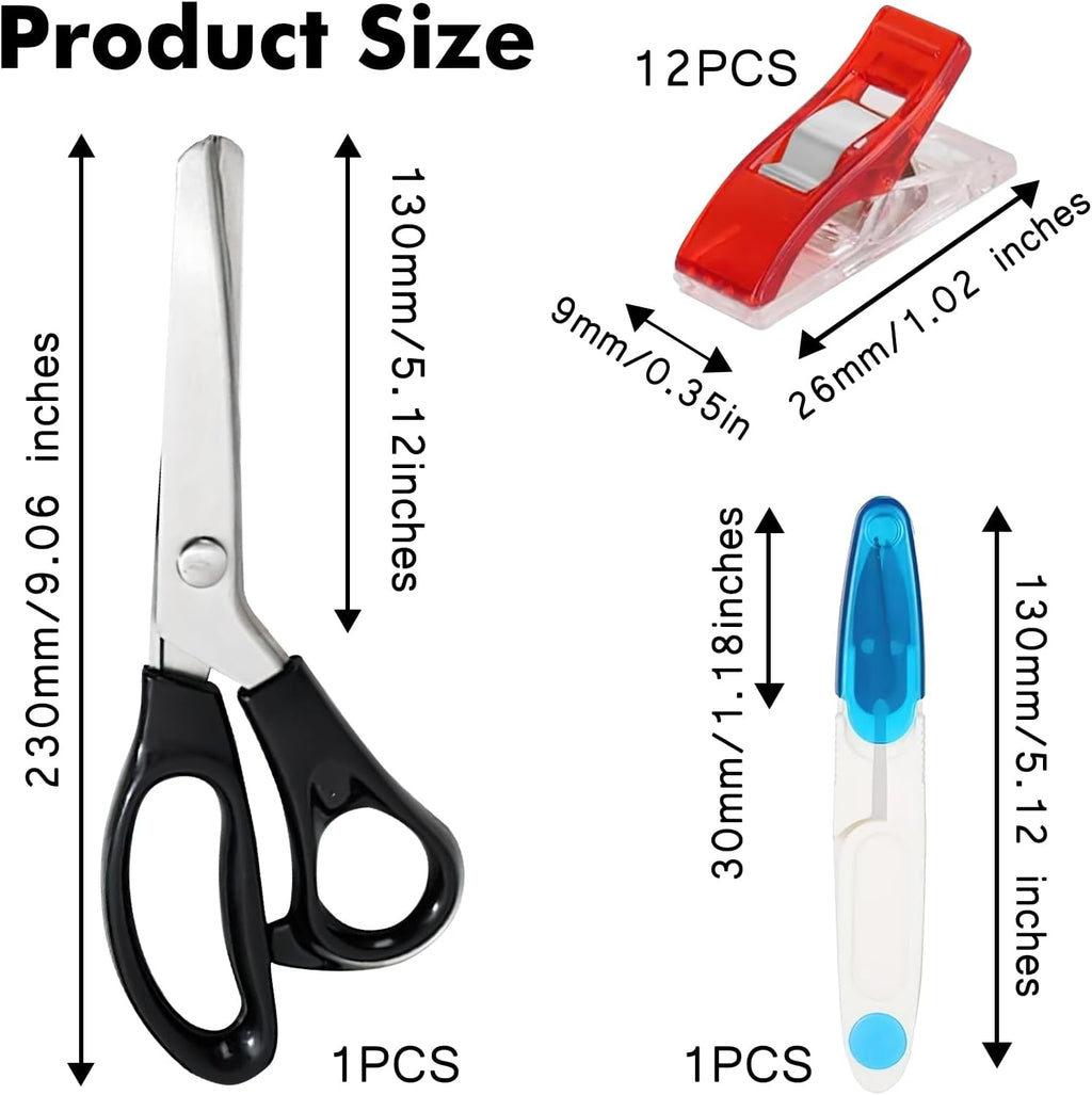 Fabric Scissor Set, Professional Dressmaking Scissors, Black Wavy Edge Craft, Comfort Grips Handled, Zig Zag Scissors with 12 Sewing Clips for Fabric and Blue Wire Cutters (Style 1)