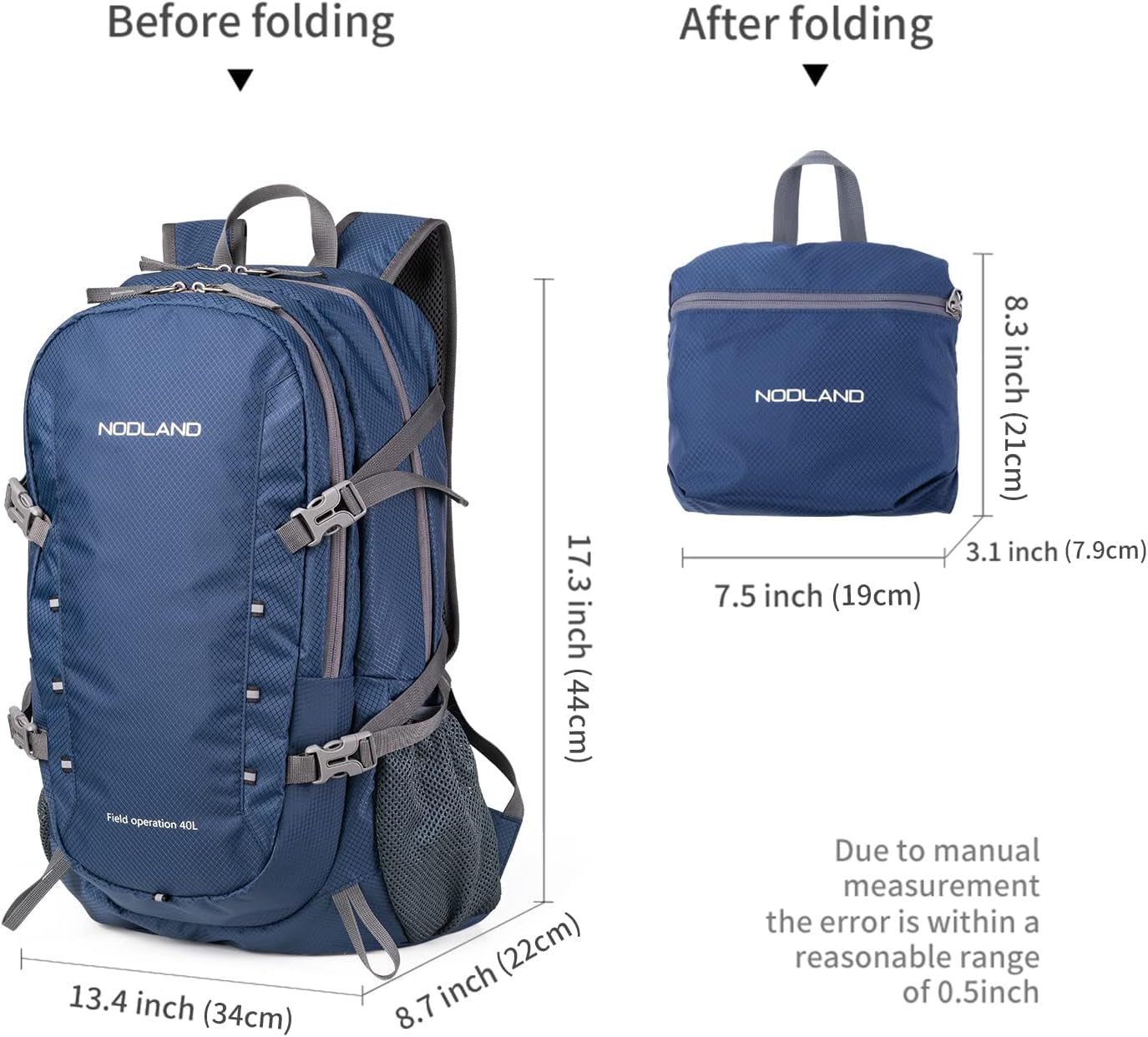 NODLAND Lightweight Backpack Travel 40L Foldable Water-Resistant Daypack, Hiking Outdoor Camping Rucksack for Men Women