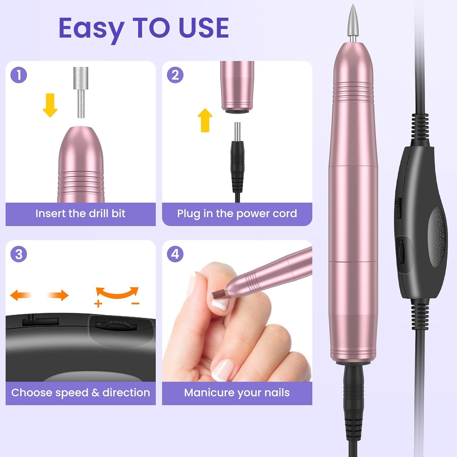 Nail Drill, Professional Electric Nail Files for Acrylic and Gel Nails, Portable Electric Nail Drill Machine E File 20000RPM, Electric Manicure Pedicure Set for Nail Care, Gifts for Girls Women Mum