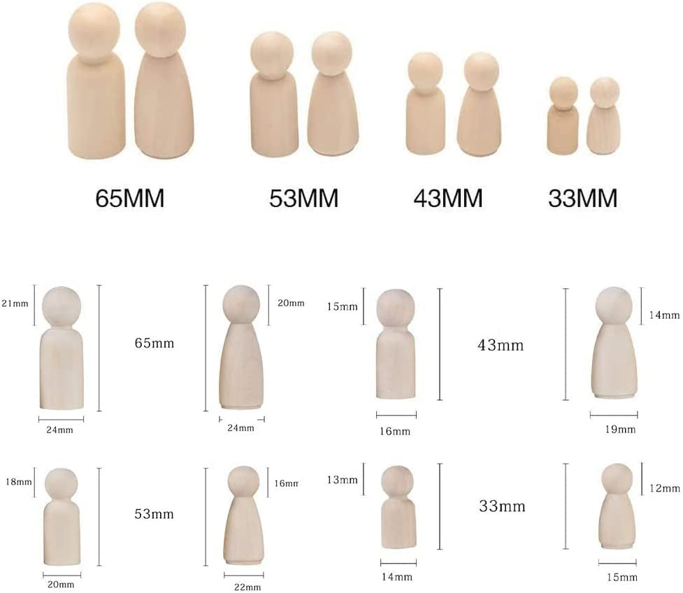 60Pcs Peg Dolls Decorative Wooden Peg Doll Assorted Sizes Unfinishied Peg People Doll Bodies Wooden Figures for Painting Craft Art Projects Peg Game