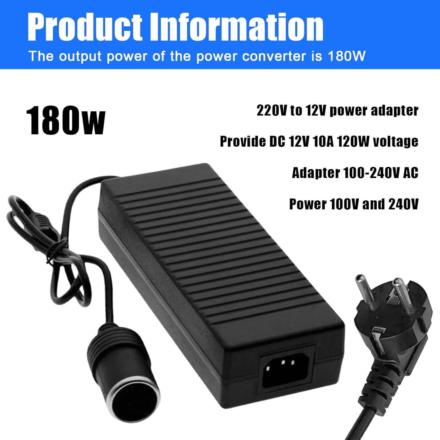 Voltage Converter 220 V to 12 V: 180 W/15 a Car Power Adapter Inverter Adapter Built-In Fan with Adapter Cigarette Lighter Socket Power Adapter for Cool Box Car Vacuum Cleaner Car Fridge