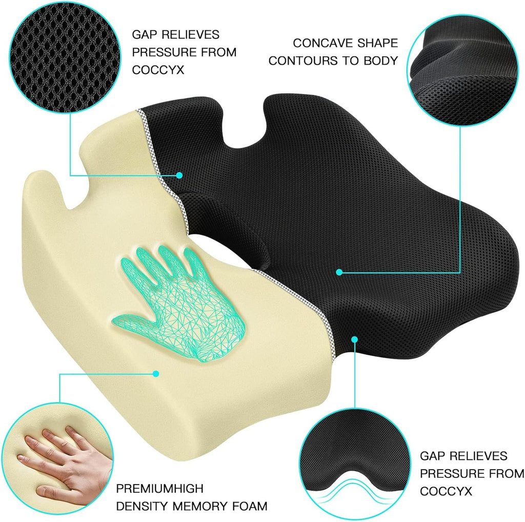 Memory Seat Cushion for Office Chair Sciatica & Back Pain Relief Memory Foam Firm Coccyx Pad for Car, Wheelchair, Gaming Chair and Desk Chair, Black