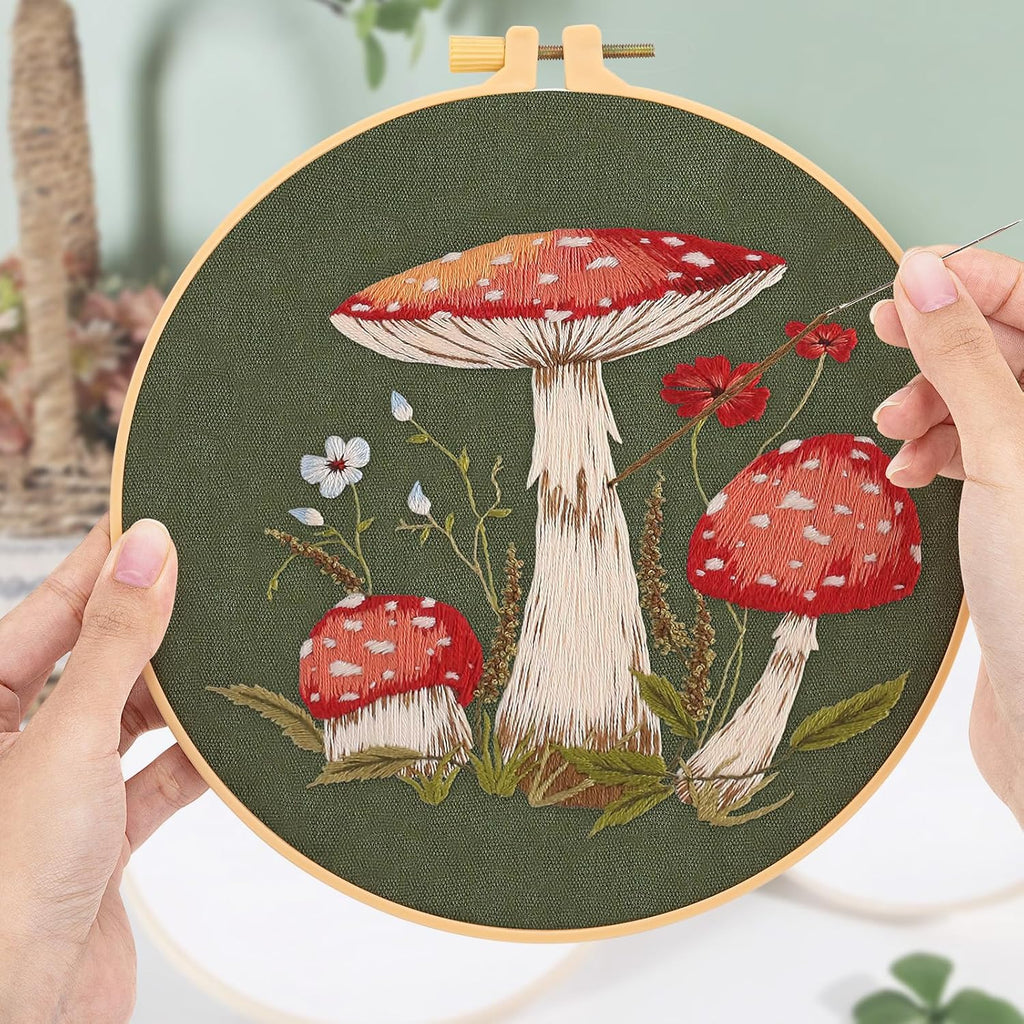 3 Sets Embroidery Starter Kit for Beginners Adults,Mushroom Stamped Embroidery Set,Diy Handmade Sewing Craft Needlepoint Kit with Embroidery Hoops and Needles Threads