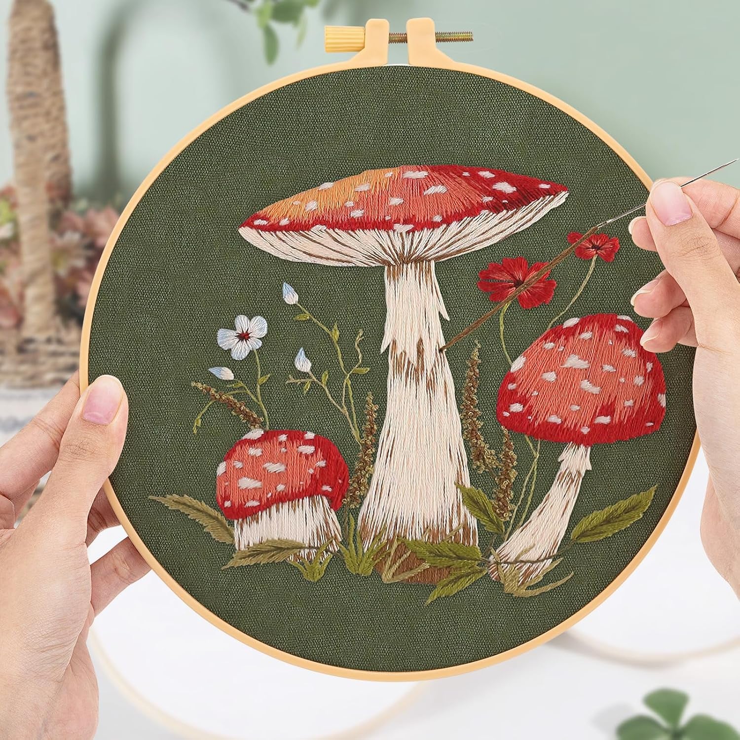 3 Sets Embroidery Starter Kit for Beginners Adults,Mushroom Stamped Embroidery Set,Diy Handmade Sewing Craft Needlepoint Kit with Embroidery Hoops and Needles Threads