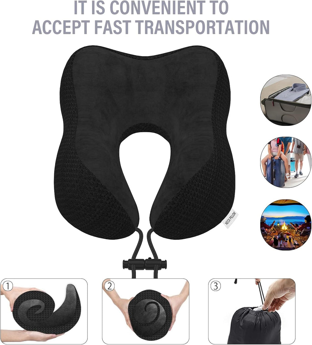 Travel Pillow Neck Pillow for Travel Airplane Memory Foam Flight Pillow for Cars, Trains, Home, Offices (Black)