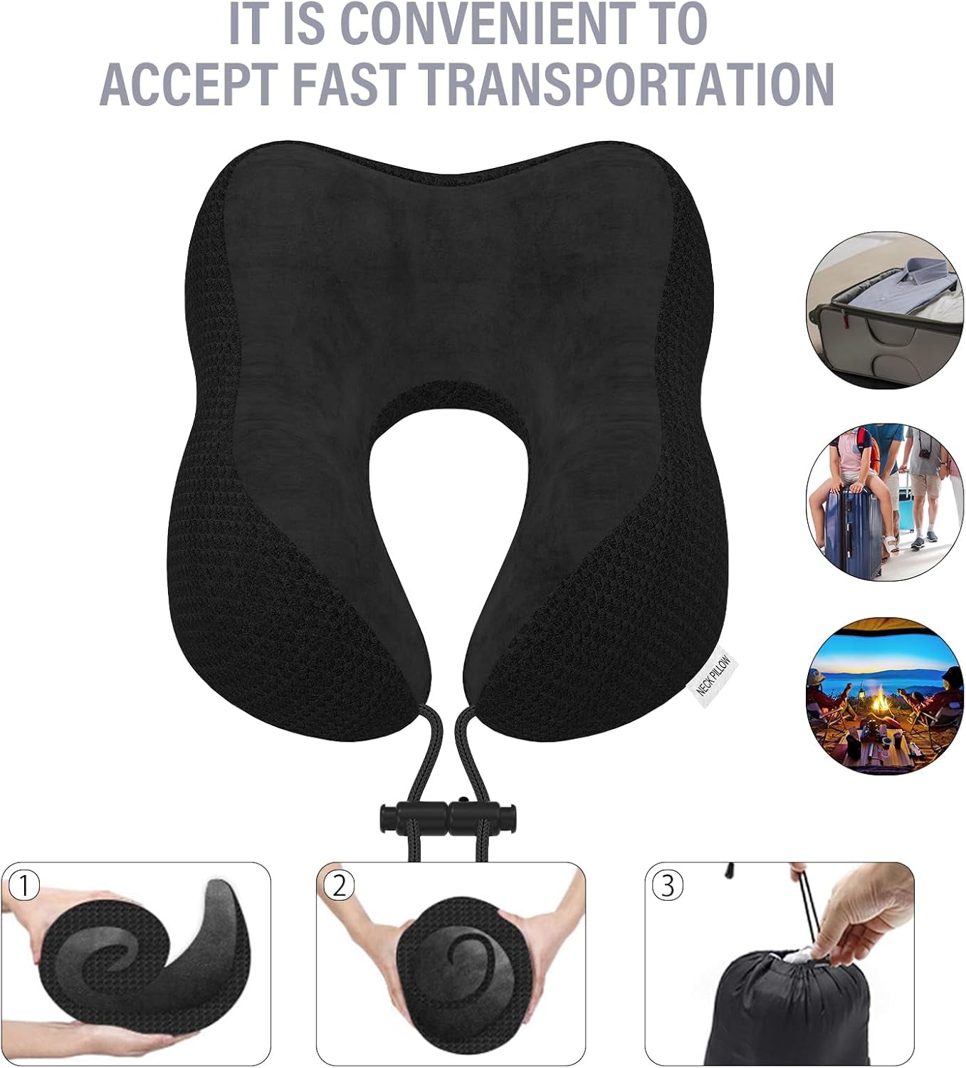 Travel Pillow Neck Pillow for Travel Airplane Memory Foam Flight Pillow for Cars, Trains, Home, Offices (Black)