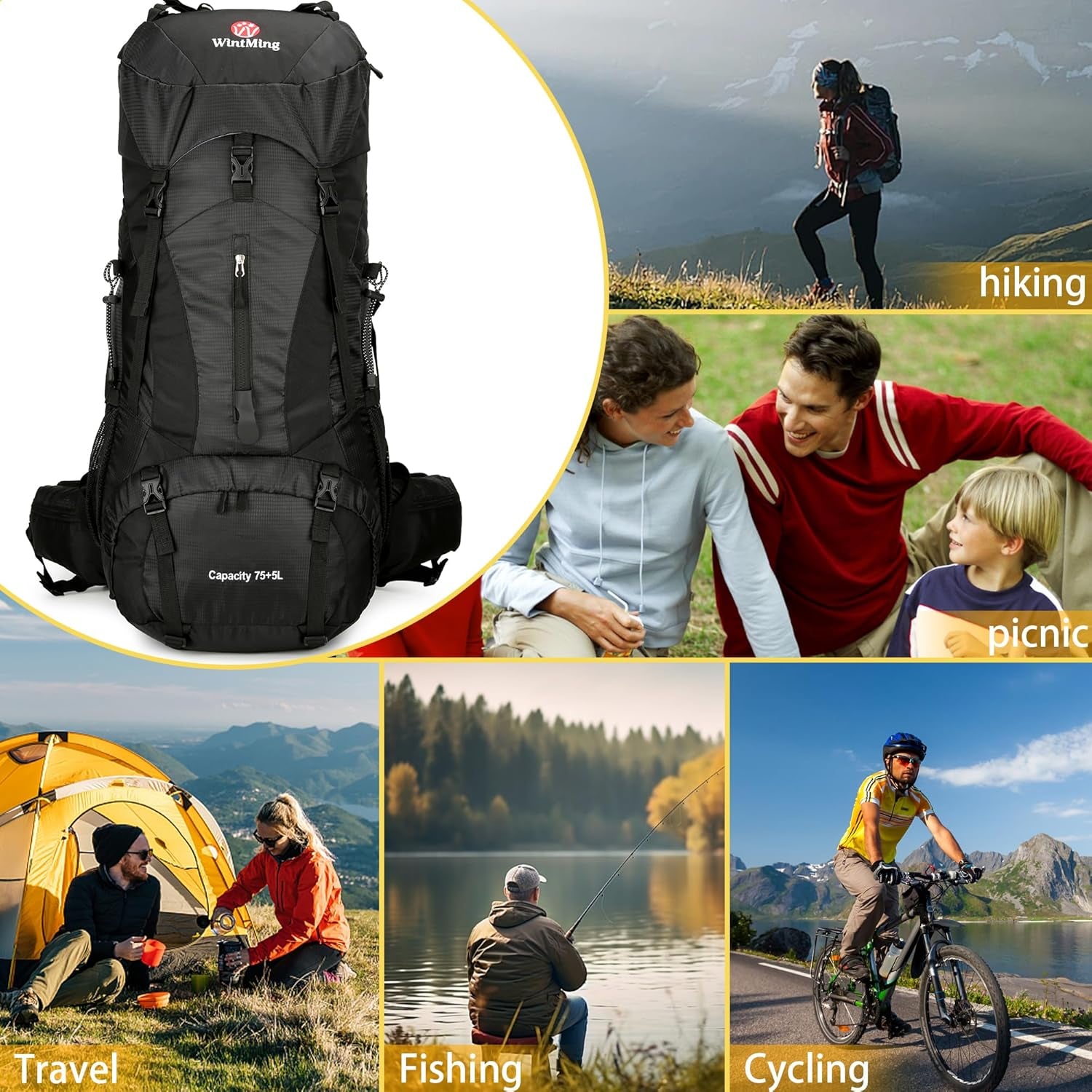 Hiking Backpack for Men and Women 70L+5L Waterproof Lightweight Camping Daypack with Rain Cover - Frameless (Black-B)