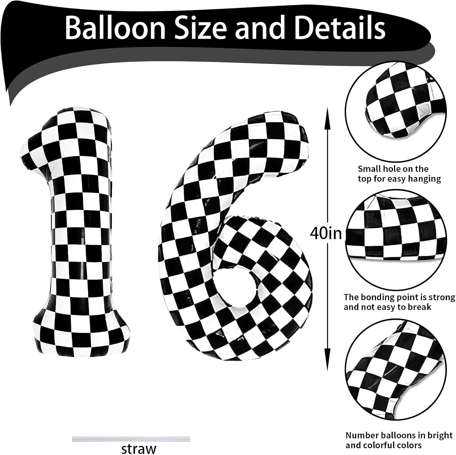 16Th Birthday Checkered Number Balloon - 40" Black & White, Race Car Theme
