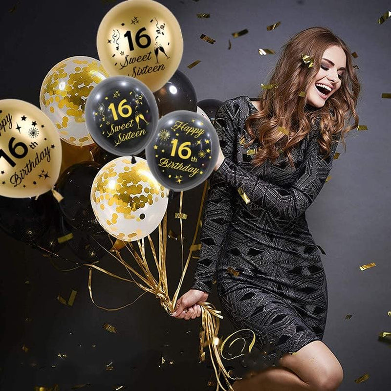 16Th Birthday Balloons 15 Pcs Black Gold Happy Latex Confetti Party Decorations for Boys Girls Decor Supplies (Age 16), Medium