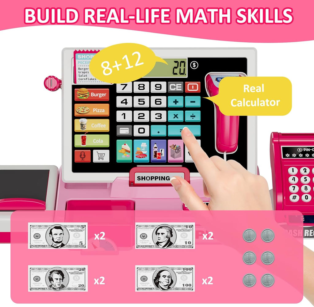 Kids Cash Register Toy Playset with Real Calculator, Toddler Pretend Play Store Incl Scanner/Credit Card/Play Money/Conveyor/Food Toys, Learning Toys Gifts for Girls Ages 4-8 8-12, Pink