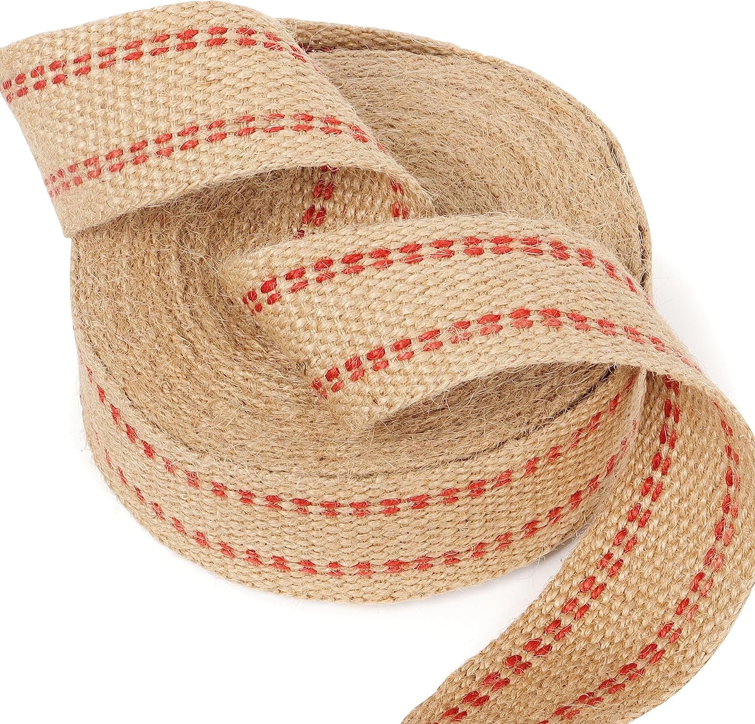 10 Metres Width 2" Roll Natural Burlap Red Line Jute Webbing Ribbon Craft Upholstery Tape for Outdoor DIY Gear Repair (Red Stripes)