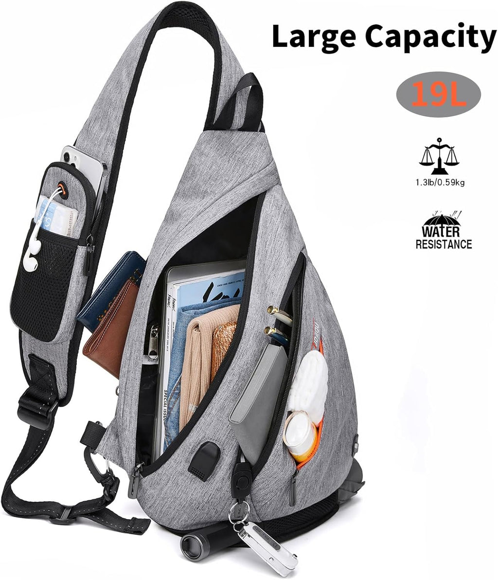 Sling Backpack, 8 Pockets Sling Bag Crossbody, 19L Large Sling Bag for Men Travel Crossbody Backpack Hiking Outdoor