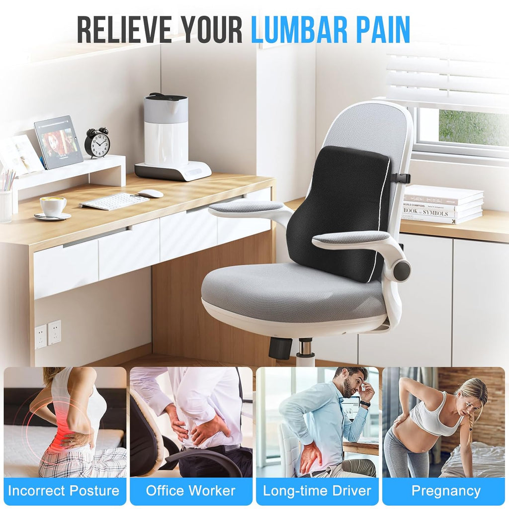 Lumbar Support Cushion, Memory Foam Back Support for Office Chair and Car Seat, Mesh Back Rest for Gaming Chair, Memory Foam Pillow, Desk Chair Cushion, Breathable & Washable Cover, Adjustable Straps