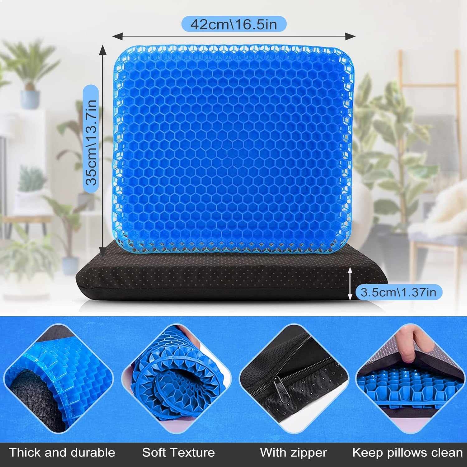 Gel Seat Cushion, Double Thick Breathable Seat Cushion Cool Gel Cushion Honeycomb Design,Breathable Lumbar Support Chair Cushion with Non-Slip,Seat Cushion for Home Office Chair Car Wheelchair