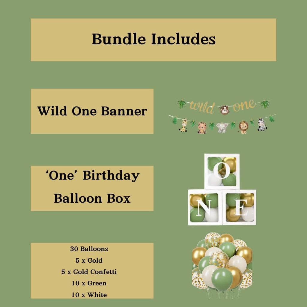 Wild One Birthday Decorations, 1St Birthday Decorations for Boys - Includes 'O N E' Boxes, Wild One Banner, 35 X Green & Gold Baloons - Jungle Safari Party Decorations
