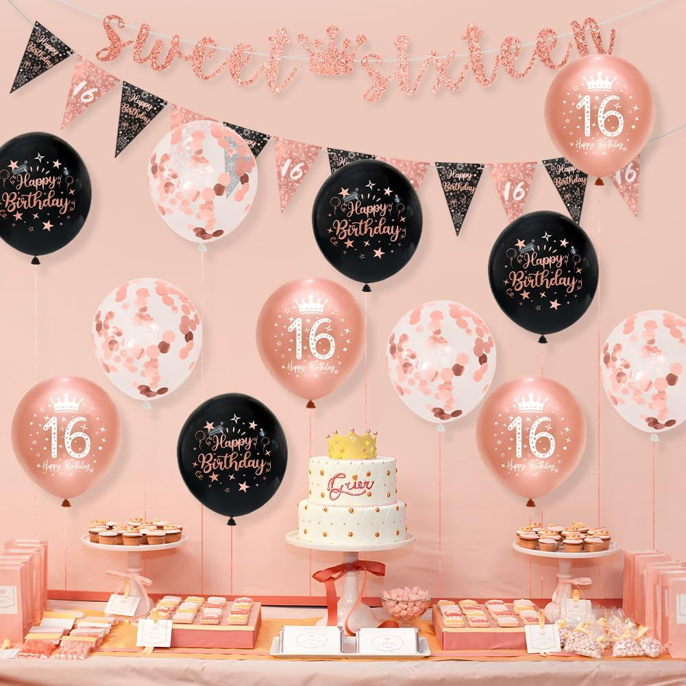 16Th Birthday Girls Decorations - Black Rose Gold Happy 16Th Banner & Bunting Kit