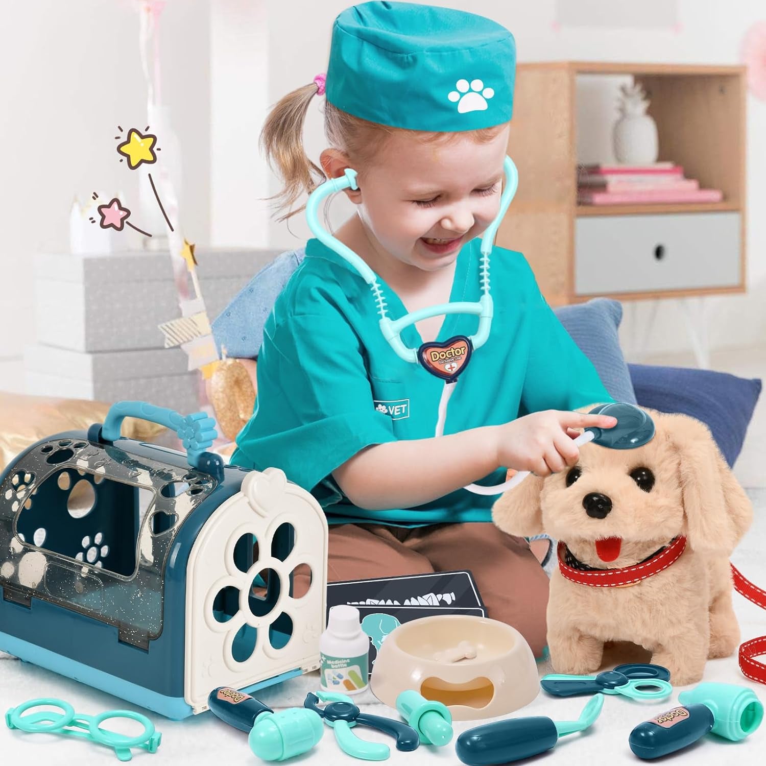 22Pcs Dog Toys for Kids Doctor Kit, Walking Barking Electronic Interactive Stuffed Dog Vet Kit Costume Pretend Play Puppy Pet Care Veterinarian Playset, Gifts for Kids Girls 3 4 5 6+ Year Old