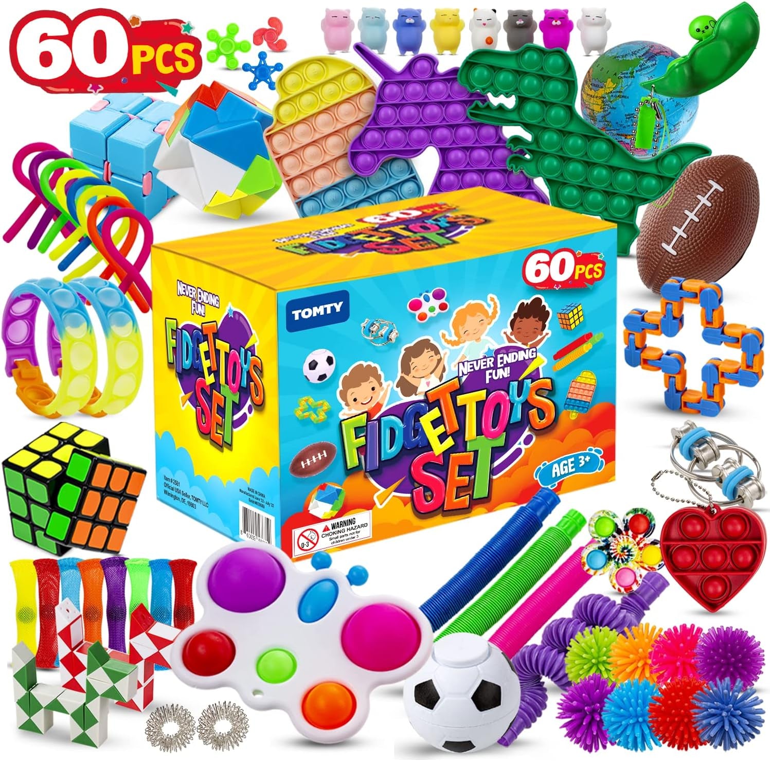 (60 Pcs) Fidget Toys Fidgets Sensory Toys Pop Its It Party Favors Figette Toy Pack Bulk Box Stress Autism Autistic for Kids Children Boys Girls Adults Gifts Set Mini Carnival Treasure Classroom Prizes