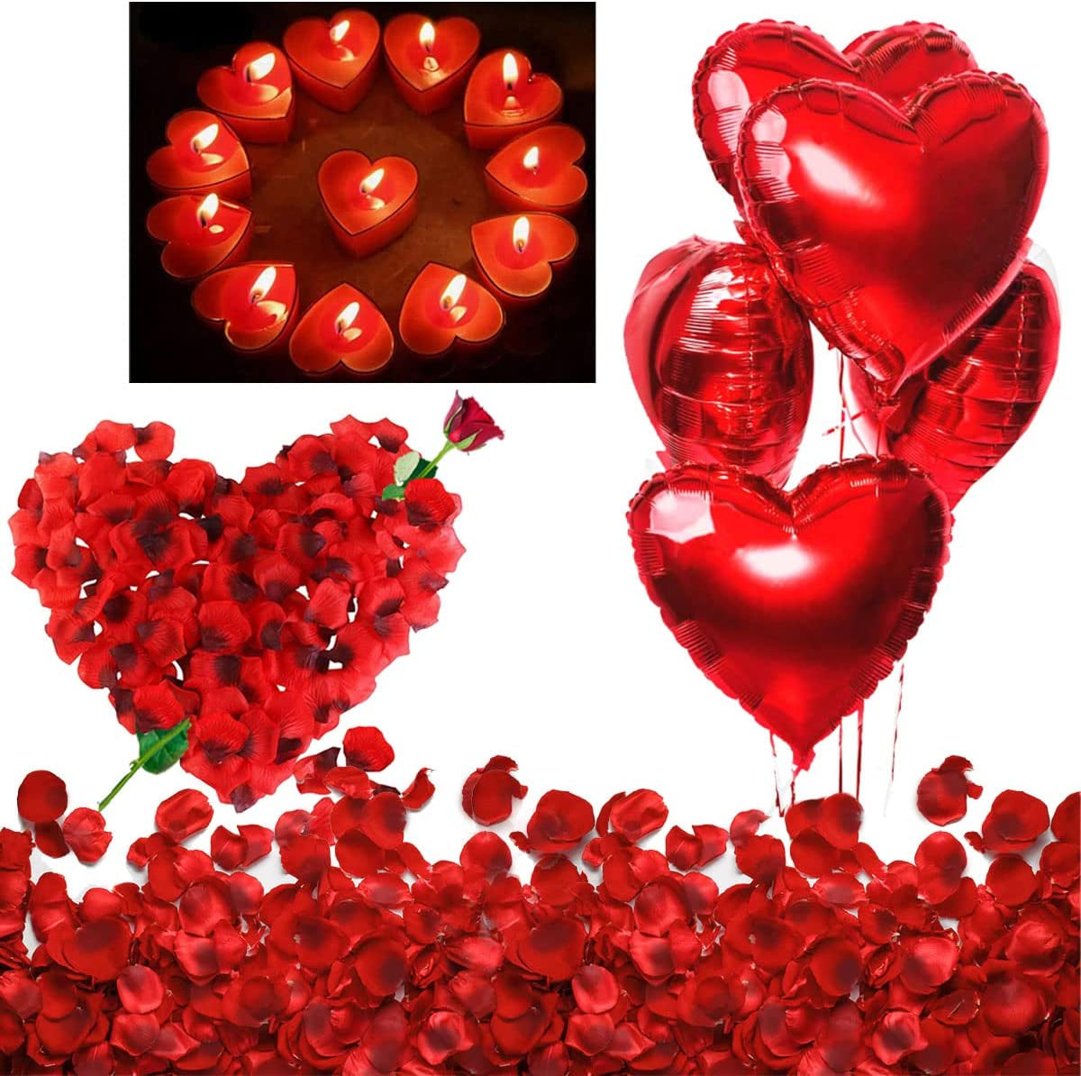 Romantic Decorations, Candles and Petals Set, 50 Love Heart Shaped Floating Tea Lights Candles + 1000 Silk Red Rose Petals + 5 Red Heart Shaped Foil Balloons for Wedding, St Valentine and Engagement