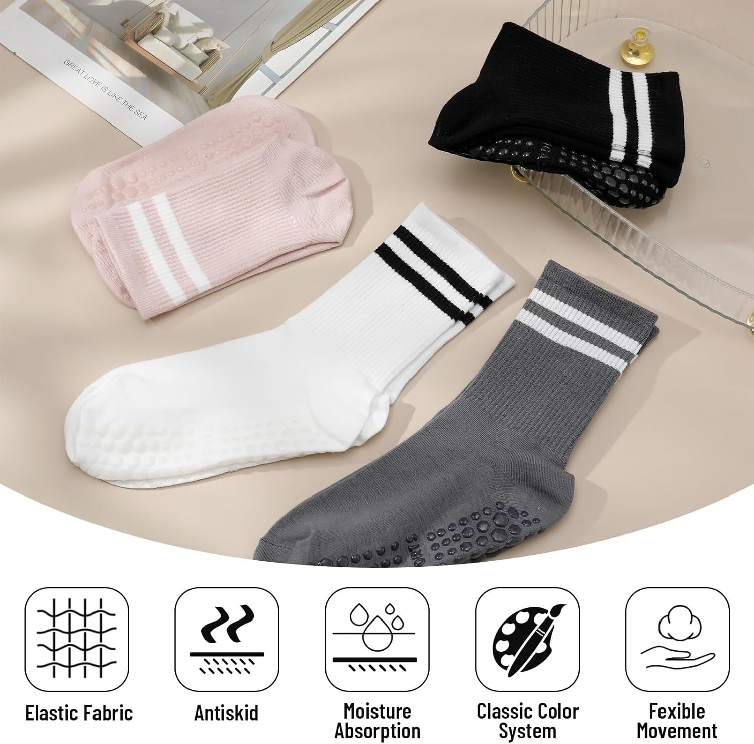 4 Pairs Yoga Grip Socks Women, Non Slip Pilates Socks Grippy Socks Ladies Mid-Calf Grip Socks Breathable Cotton Socks for Ballet, Dance, Workout, Fitness, Running