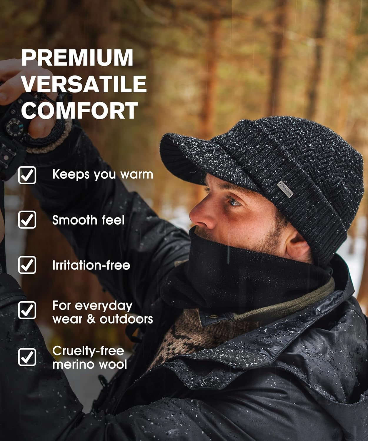 Men'S Winter Wool Peaked Beanie Hat and Ski Snood Set, Wool Visor Beanie Hat with Fleece Neck Warmer Set - Stay Warm and Stylish