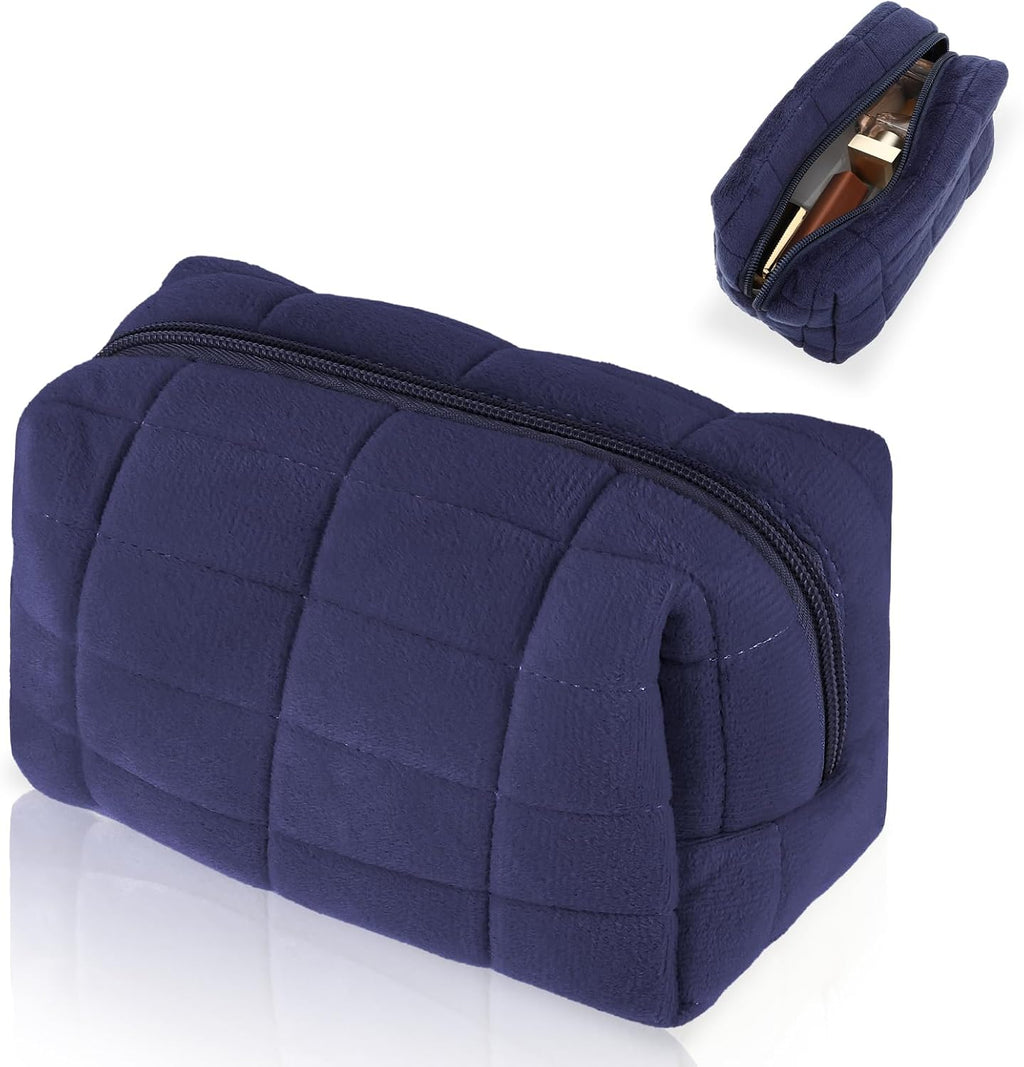 Makeup Bag Soft Pouch Pencil Case Aesthetic Cosmetic Pouch Bathroom Shower Fuzzy Plush Toiletry Organizer Make up Organize Accessories Travel Bag Y2K Purse Containers Women (Navy)