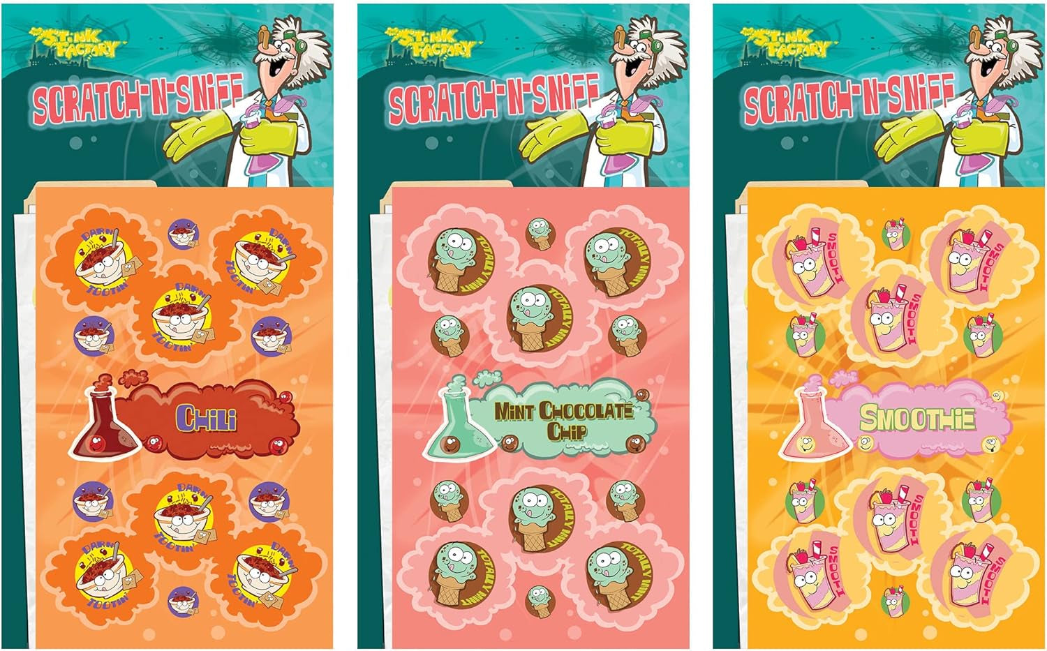 Dr. Stinky'S Scratch N Sniff Stickers 3-Pack- Chili, Mint Chocolate Chip Ice Cream, Fruit Smoothie 81 Stickers (Series4)