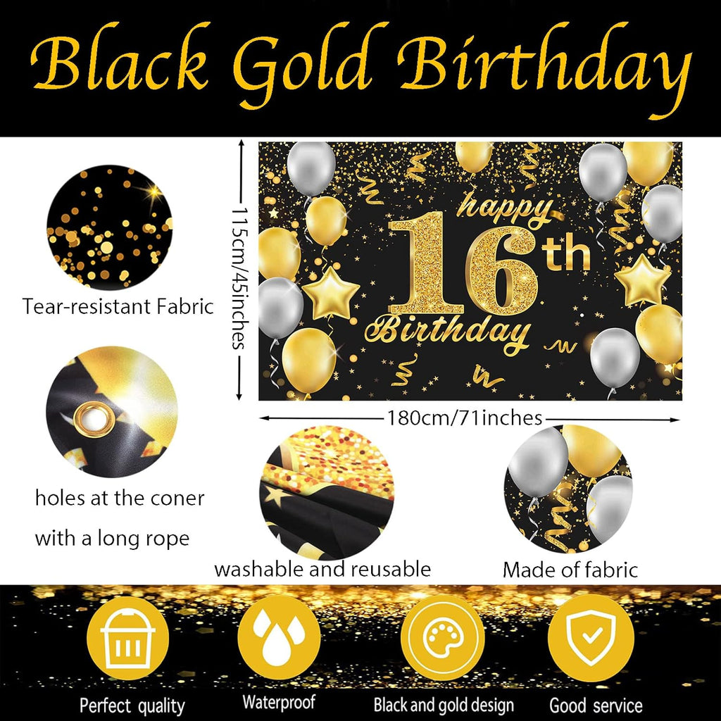 Happy 16Th Birthday Banner,16Th Birthday Decorations Black Gold,Party Backdrop Banner Fabric Banner.For Men Women 16Thbirthday Photo Backdrop,Photography Background,Outdoor Garden Table Wall Decor