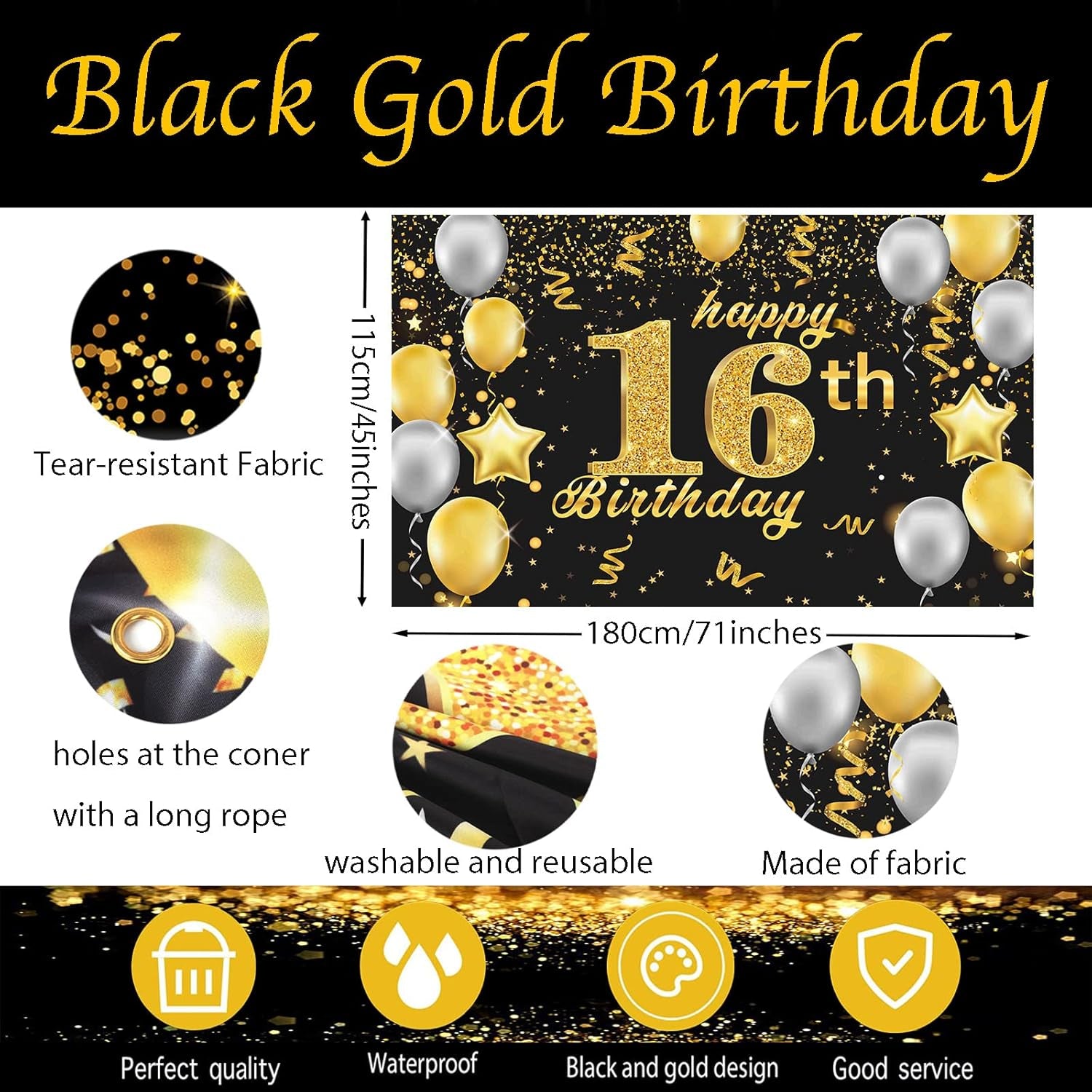 Happy 16Th Birthday Banner,16Th Birthday Decorations Black Gold,Party Backdrop Banner Fabric Banner.For Men Women 16Thbirthday Photo Backdrop,Photography Background,Outdoor Garden Table Wall Decor