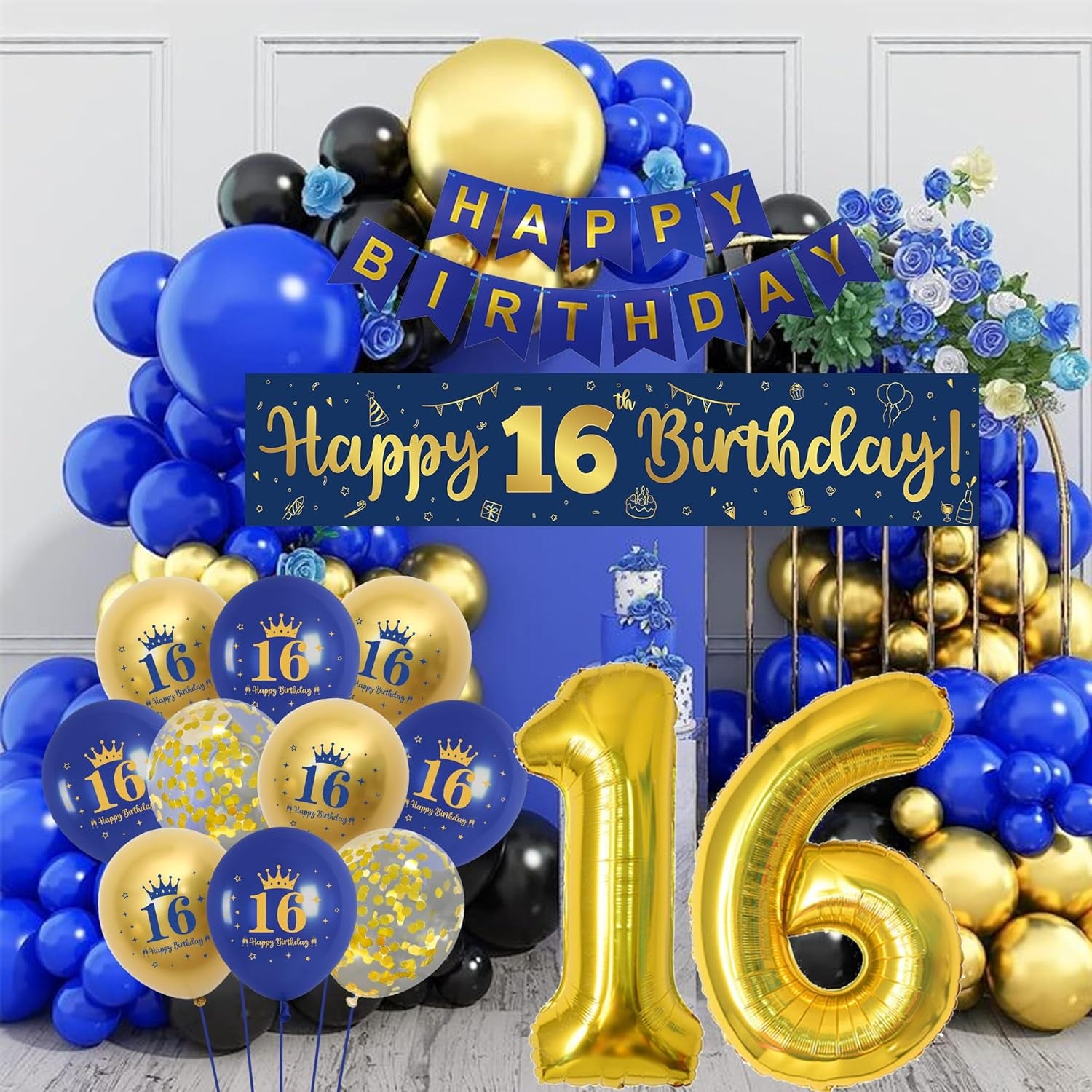 16Th Birthday Decorations Boys Navy - 47 Piece Navy Blue Gold 16Th Party Decor, Happy Birthday Banner, Number 16 Balloon, Cake Topper, Love Foil Balloons