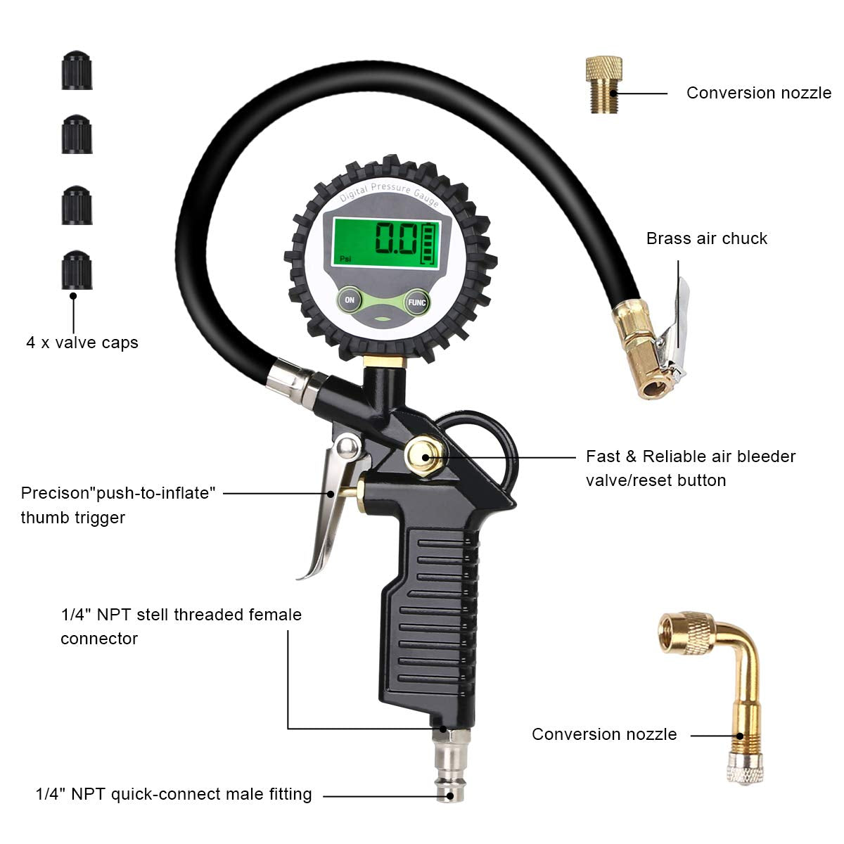 Tyre Pressure Gauge, Digital Tyre Inflator with Pressure Gauge 200 PSI Digital LCD Display, Valve Air Chuck and 90 Degree Valve Extender for Heavy Duty Car Motorcycle Bicycle