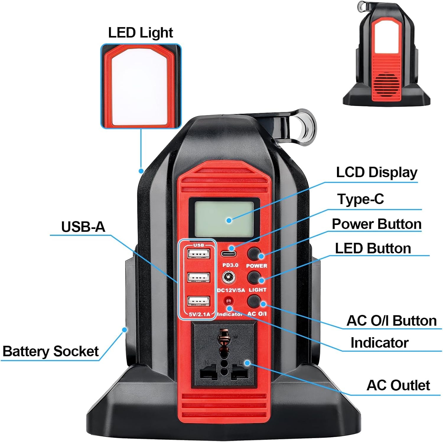 350W Power Inverter for Milwaukee 18V Battery, 4-Ports DC 18V to AC 220V Pure Sine Wave Inverter with 3 USB-A & 1 USB-C Port, 300LM LED Light for Camping Emergency(Tool Only)