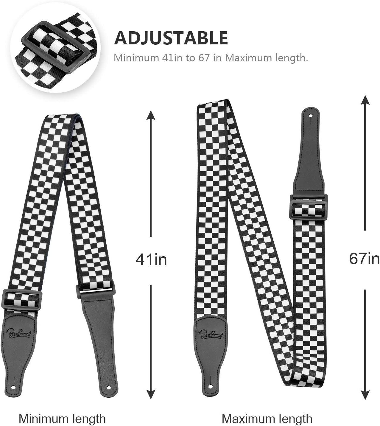Checkerboard Guitar Strap & Leather Ends Guitar Shoulder Strap, Suitable for Bass, Electric & Acoustic Guitars (Black and White Checkered)