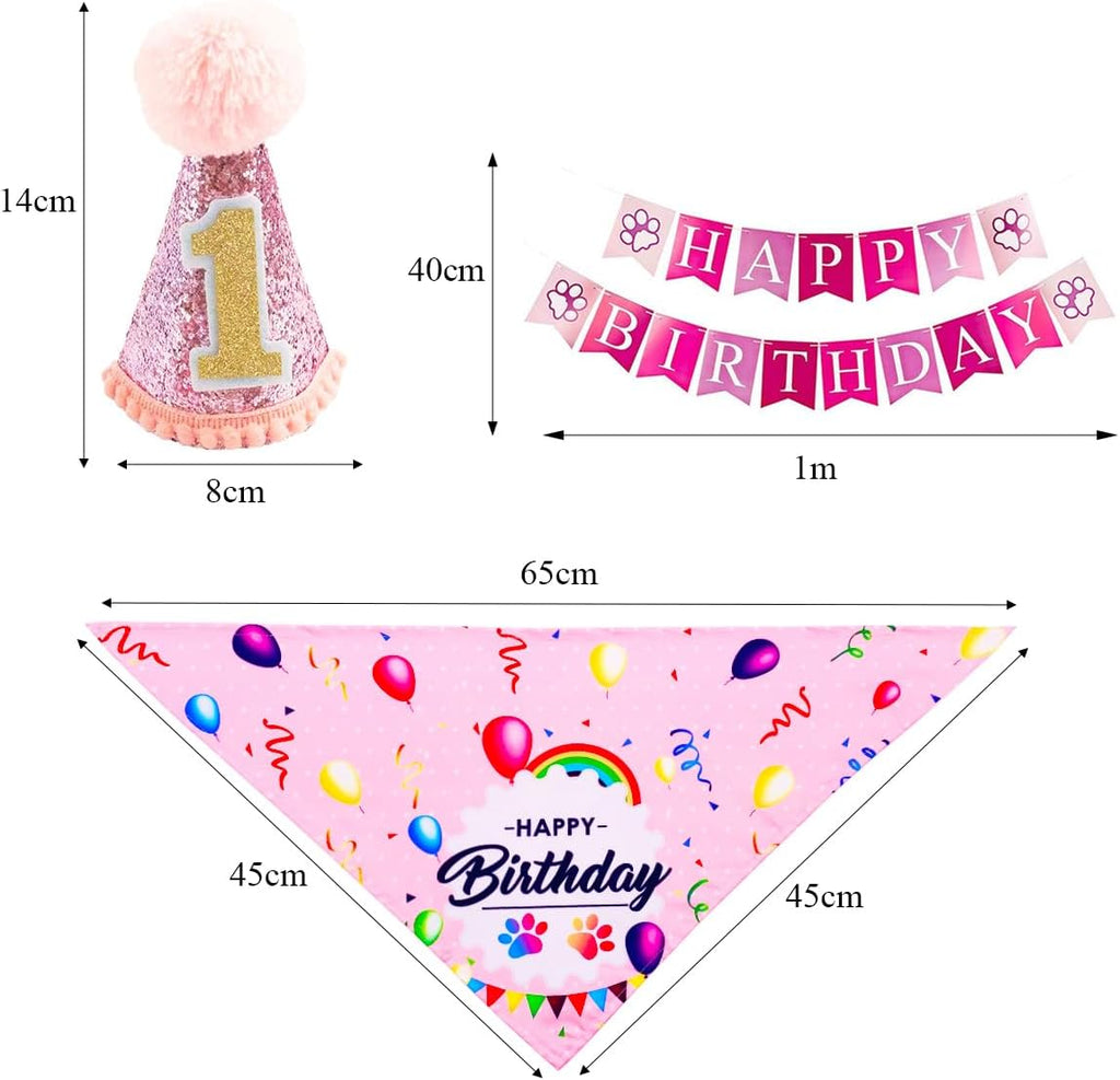 Pink Dog 1St Birthday Hat Bandana Banner for Girls Small Medium Dogs Cats Soft Bibs Doggy Party Grooming Supplies Celebration Birthday Bandana Set Costumes Headwear