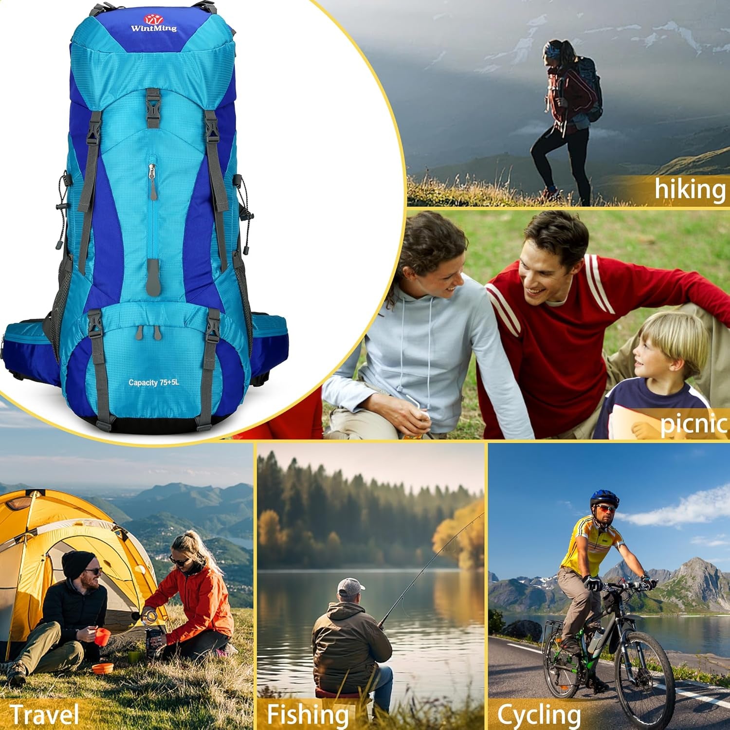 Hiking Backpack for Men and Women 70L+5L Waterproof Lightweight Camping Daypack with Rain Cover for Outdoor Travel Mountaineering - Frameless (Blue)