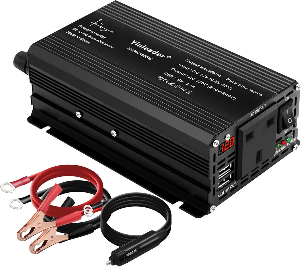 500W Pure Sine Wave Power Inverter DC 12V to 240V AC 1 UK Socket 2 USB Port LED with Cigarette Lighter