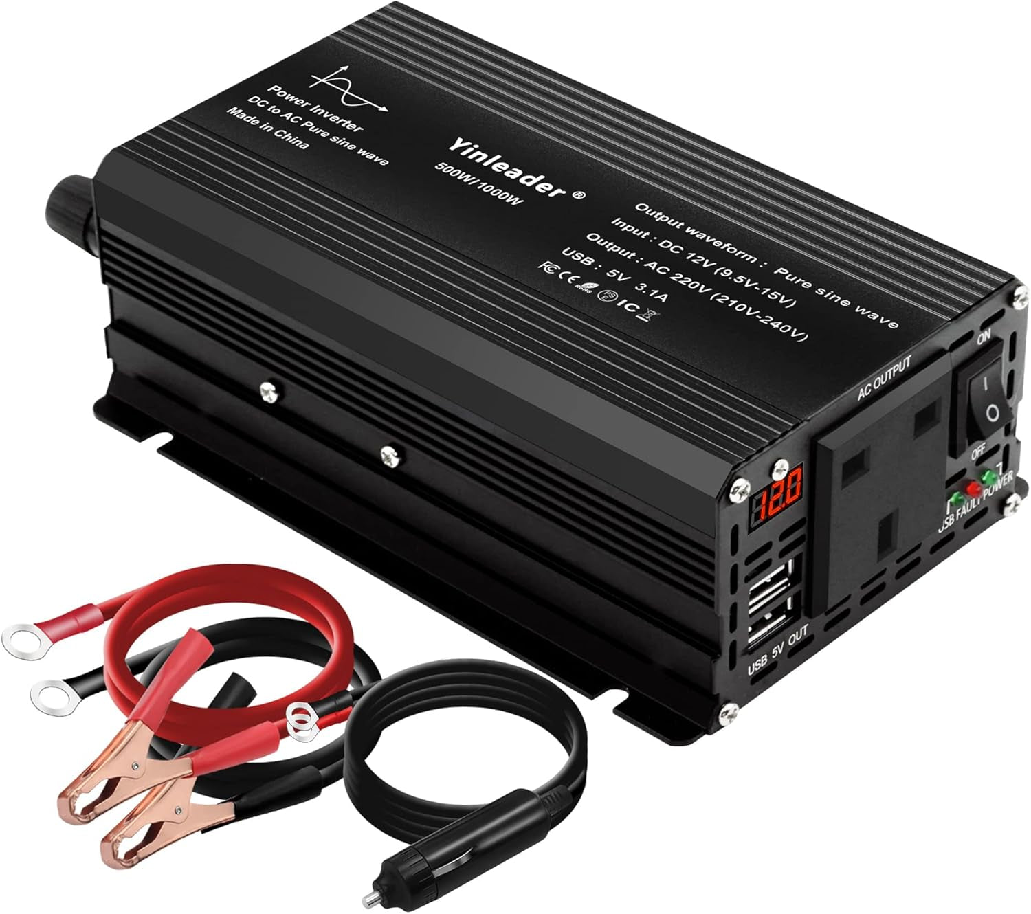 500W Pure Sine Wave Power Inverter DC 12V to 240V AC 1 UK Socket 2 USB Port LED with Cigarette Lighter