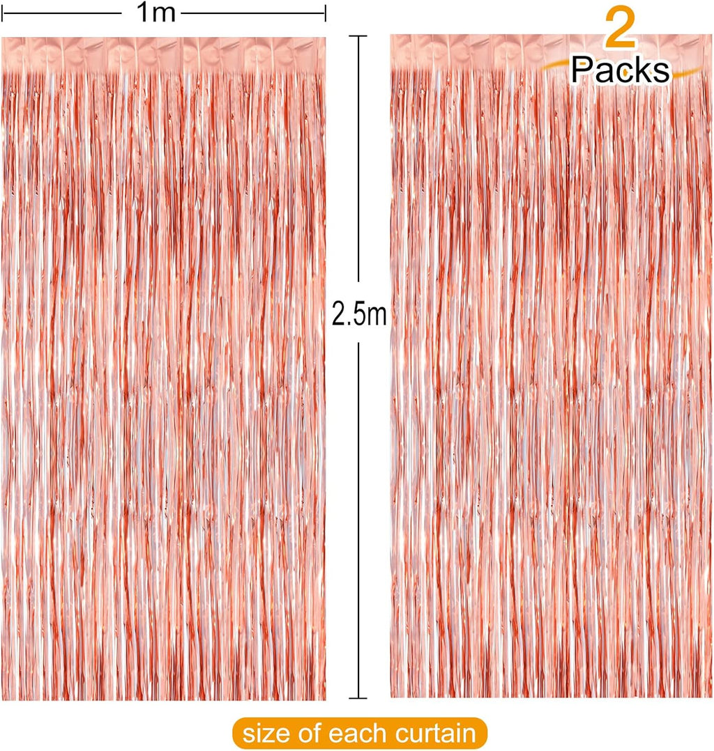 2Pcs 1M X 2.5M Rose Gold Tinsel Foil Fringe Curtains Streamers Backdrop for Birthday Graduation Engagement Bridal Shower Bachelorette Baby Shower Holiday Party Decorations