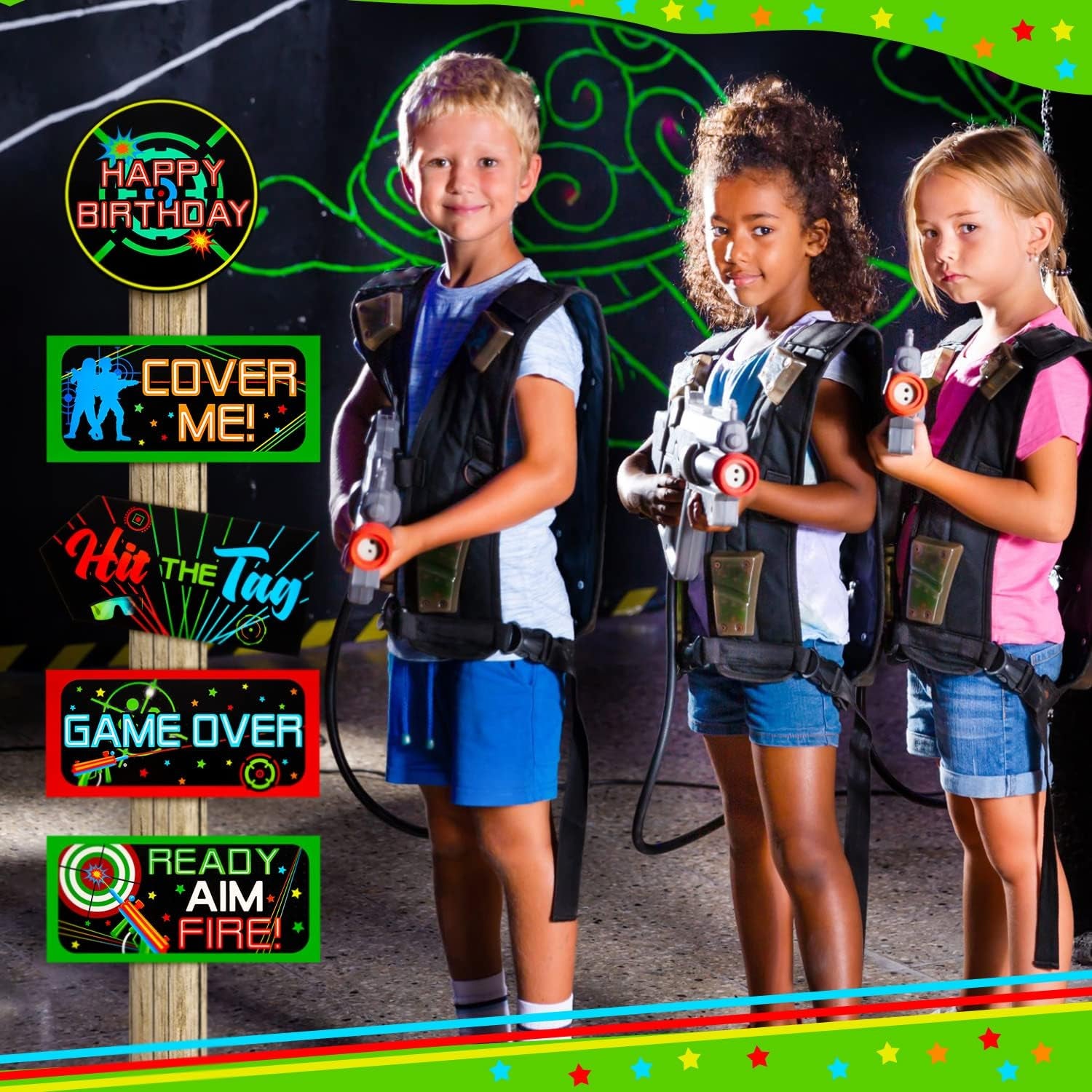 20 Pieces Laser Tag Party Decorations Signs Laminated Signs Laser Tag Party Favors for Boys Wall Decorations Birthday Neon Glow Photography Banner Photo Booth Props