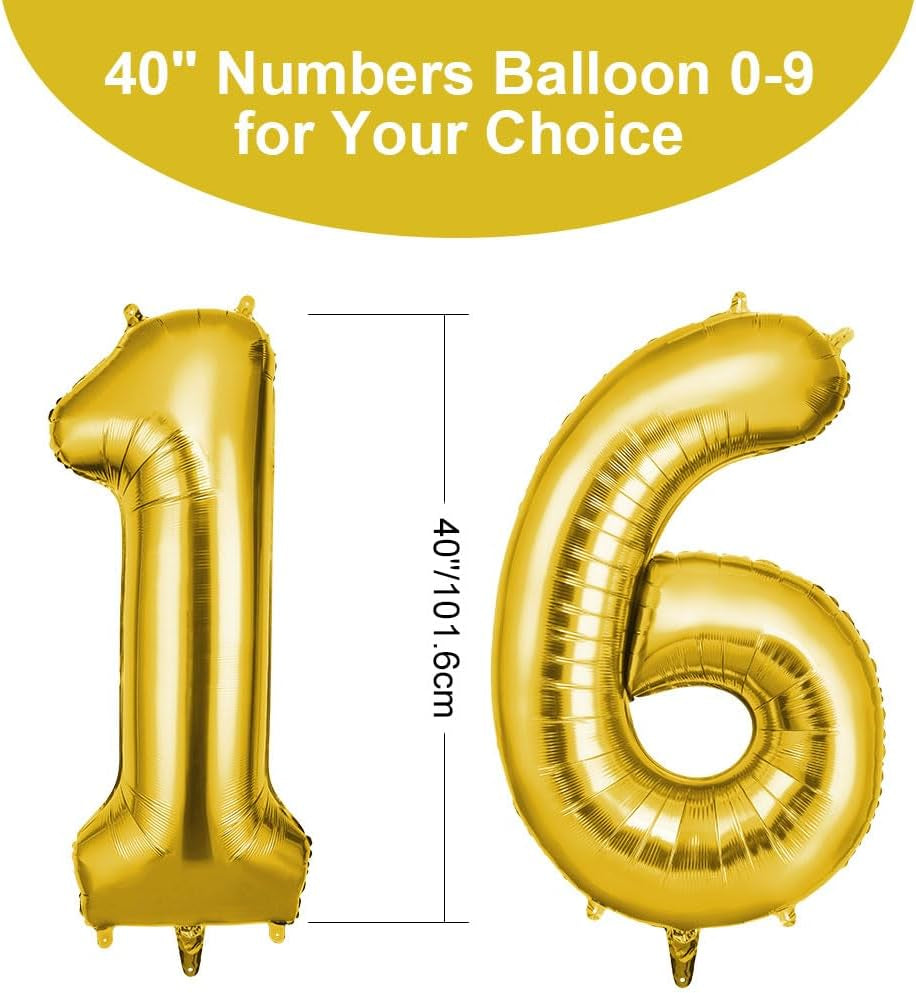 40-Inch Number 16 Helium Balloons, Foil Large Numbers for Birthday, Wedding Party Decorations Celebration Supplies (Gold)